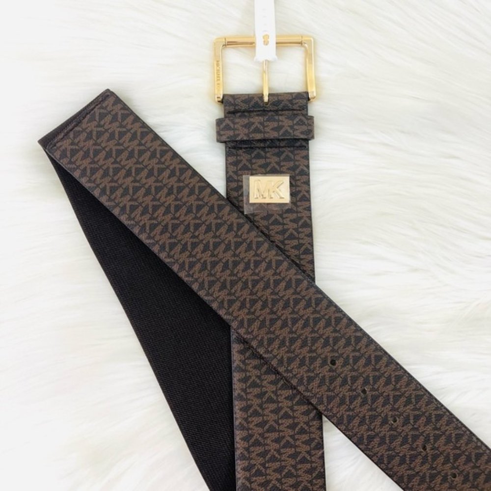 MICHAEL KORS MK Logo Brown Part Elastic Belt With Gold Buckle Size S/M